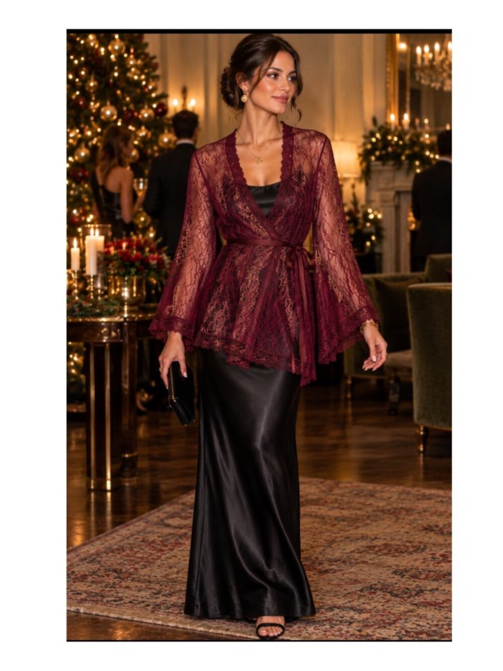 Sheer Large Burgundy Lace Wrap Top Kimono Robe Bell Sleeves Tie Waist Cotton Bl